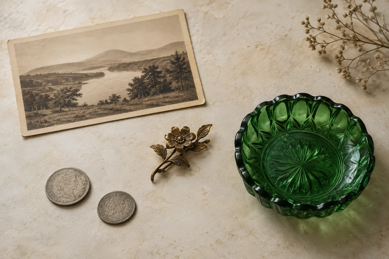 Illustrative vintage still life with a green glass dish, floral brooch, postcard and coins